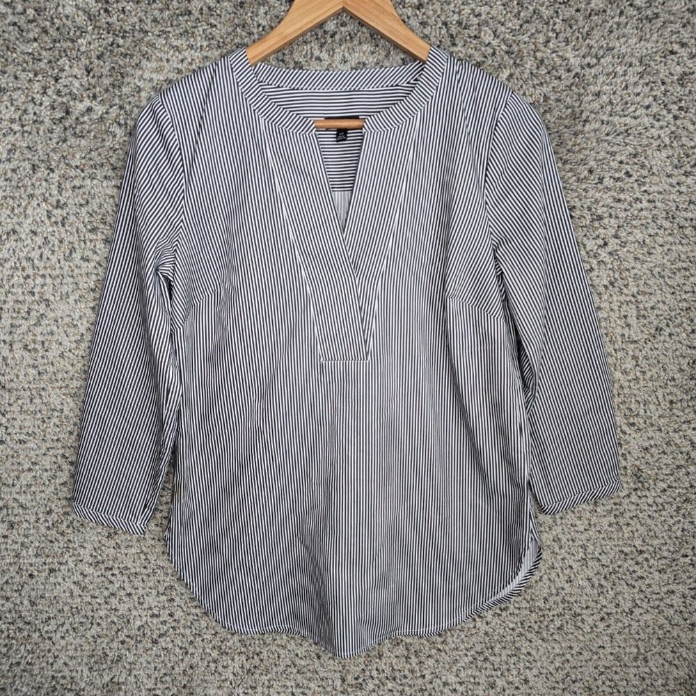 Talbots Top Womens XS Black Oversized Striped V Neck Long Sleeve Blouse